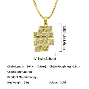 Hip hop gold hashtag pendant necklace with rhinestones and 75cm bead chain for men
