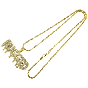 Iced out gold RUGGED letter pendant with melting drip design on a stylish box chain