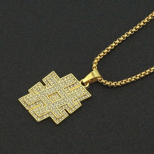 Men's hip-hop gold geometric pendant necklace with sparkling rhinestones on box chain