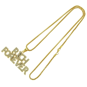 Iced out Rich Forever letter pendant necklace with sparkling rhinestones in gold finish