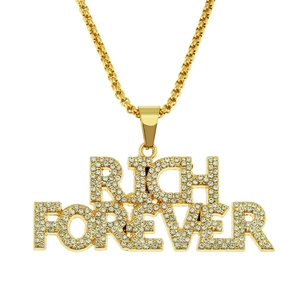 Hip Hop Gold Plated Alloy Rich Forever Letter Pendant Necklace For Men Bling Rhinestone Inlaid Iron Box Chain Street Fashion