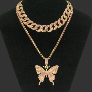 Iced Out Rhinestone Butterfly Pendant Necklace Set Alloy Cuban Link Chain Double Layer Hip Hop Fashion Jewelry For Women
