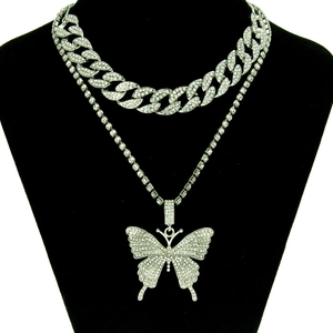 Silbernes Iced Out Cuban Link Kettenset mit großem Schmetterlingsanhänger für Hip Hop