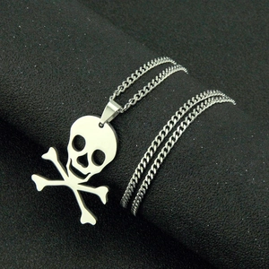 Punk style stainless steel skull crossbones pendant necklace with polished silver cuban chain