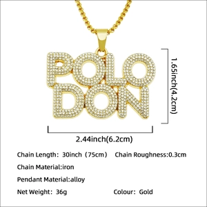 Men's hip hop gold finish Polo Don letter pendant necklace with white rhinestones