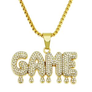 Hip Hop Tropf Buchstabe GAME Anhänger Halskette Für Herren Damen Vergoldet Legierung Strass Streetwear Punk Schmuck