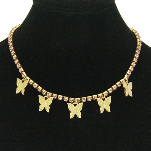 Collier Pendentif Papillon en Alliage pour Femmes Strass Rose Bleu Blanc Chaîne à Maillons Cubains Collier Ras de Cou Bijoux Cadeau