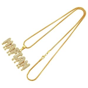 Iced-out gold MAFIA letter pendant necklace with sparkling diamonds on a box chain