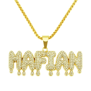 Hip-Hop Gold Color Letter Pendant Necklace For Men Iced Out Rhinestone Inlaid Alloy Iron Grid Chain Personalized Fashion Jewelry