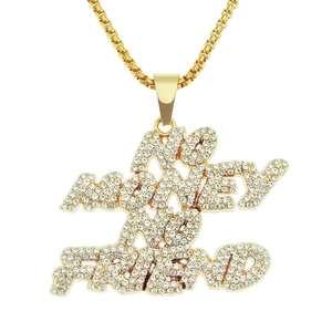 Collier Pendentif Lettre Hip Hop Iced Out Alliage Strass No Money No Friend Grand Collier Déclaration pour Hommes Femmes