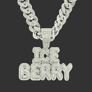 Ασημένιο κολιέ Cuban link hip hop με μεγάλο μενταγιόν ICE BERRY και λαμπερά στρας