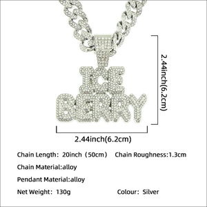 Collier hip hop homme en alliage argenté avec pendentif lettre ICE BERRY serti de strass