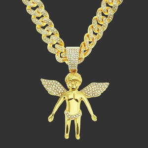 Collier Pendentif Ange Chérubin Glacé Hip Hop Chaîne Gourmette Plaquée Or Hommes Strass Bijoux de Mode Cadeau