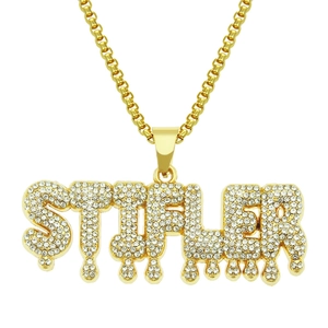Hip Hop Dripping Letter Pendant Necklace Personalized Gold Alloy Iron Pave Rhinestone Box Chain Punk Jewelry For Men Women