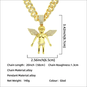 Collier pendentif ange hip-hop plaqué or avec zircons cubiques et chaîne cubaine épaisse