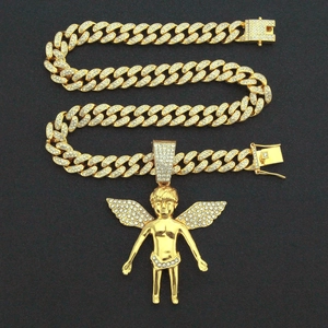 Collier Cuban Link doré orné d'un pendentif ange serti de strass brillants style Hip Hop