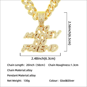 Iced out hip hop Cuban chain necklace with No Money No Friend letter pendant