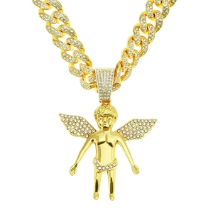Collier pendentif ange doré serti de strass avec grosse chaîne cubaine hip-hop