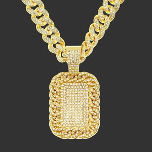 Men Hip Hop Iced Out Rectangular Dog Tag Pendant Necklace Luxury Alloy Rhinestone Cuban Link Chain Jewelry For Party