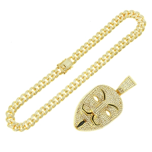 Collier pendentif masque Guy Fawkes glacé avec chaîne cubaine dorée pour hommes