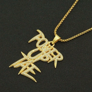 Hip hop style gold iced out POWER RARE letter pendant necklace with box chain