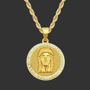 Hip hop style gold Jesus portrait pendant necklace with iced-out crystals on rope chain