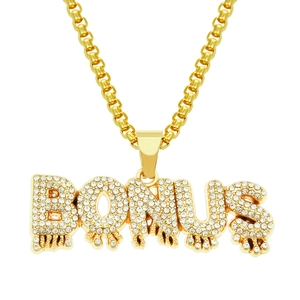 Collana Pendente Lettera BONUS Hip Hop Oro Effetto Goccia per Uomo Strass Lega Ferro Catena a Box Gioielli Streetwear