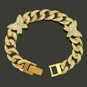Bracelet Papillon Hip Hop Chaîne Cubaine pour Hommes Iced Out Strass Alliage Or Argent Bracelet Gourmette Bijoux Tendance