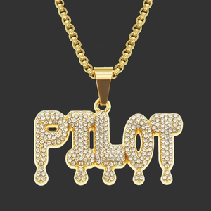 Hip Hop Iced Out PILOT Letter Pendant Necklace Alloy Rhinestone Gold Plated Box Chain Streetwear Jewelry For Men Women