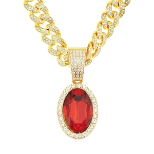 Cadena cubana hip-hop dorada con colgante de rubí rojo ovalado grande y diamantes