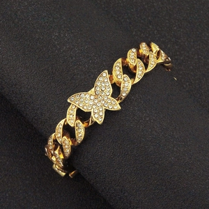 Bracelet cubain hip-hop pour hommes avec pendentif papillon doré et strass brillants
