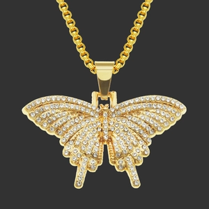 Collana con Ciondolo a Farfalla Iced Out Uomo Hip Hop Lega con Intarsio di Strass Catena Veneziana Oro Argento Gioielli