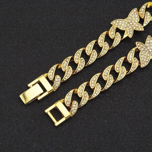 Gourmette cubaine Hip Hop pour homme dorée avec papillons et strass étincelants