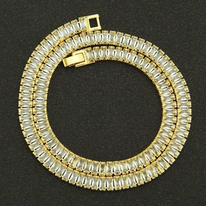 Golden double-row baguette-cut zircon Cuban link necklace with luxury square clasp