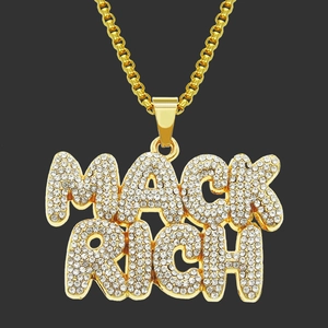 Collana Hip Hop con Pendente a Lettera MACK RICH Iced Out Uomo Lega Pavé di Strass Gioielli Catena Box Colore Oro