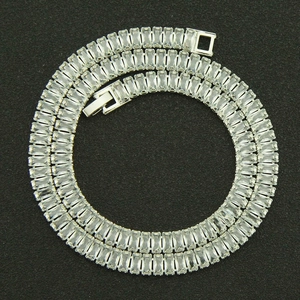 Silver cuban link necklace featuring rectangular cubic zirconia stones in a claw setting