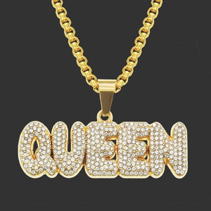 Collier Pendentif Lettre QUEEN en Strass Hip Hop pour Hommes Femmes Chaîne Maille Miroir Longue Plaqué Or Argent Bijoux Streetwear