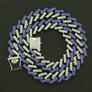 Hip hop Cuban link necklace with alternating blue and clear zircons in silver finish