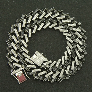 Hip hop silver and black Cuban link chain with encrusted rhinestones and box clasp