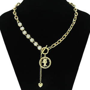 Hip Hop Gold Plated Alloy Cuban Chain Necklace For Women Retro Minimalist Rhinestone Coin Portrait Heart Pendant OT Buckle Jewelry