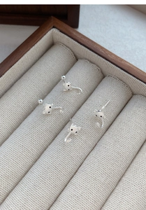 Gros plan de boucles d'oreilles chat en argent dans un coffret à bijoux beige