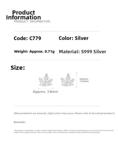Schéma détaillé des puces d'oreilles feuille d'érable en argent S999 avec dimensions