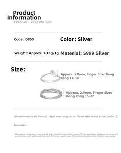 Detailed size chart for S999 sterling silver jasmine flower rings with band width specs
