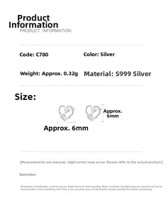 Detailed specs of S999 sterling silver heart studs, 6mm size, weighing 0.32g per pair