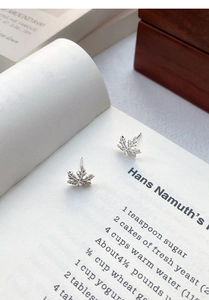 Gros plan de boucles d'oreilles feuille d'érable en argent sur un livre ouvert