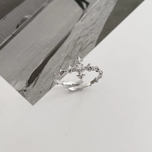 925 Sterling Silver Cross Star Zircon Adjustable Ring For Women Cool Gothic Style Textured Band Open Finger Jewelry