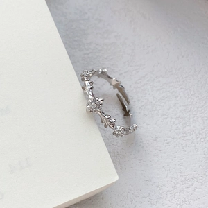 Minimalist S925 sterling silver cross ring with cubic zirconia and hollow leaf details
