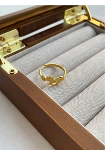 Detail of a golden adjustable money-sign ring on a jewelry box with intricate coin motifs