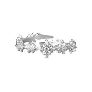 Vintage S925 sterling silver cross ring with white zircon and floral relief engraving