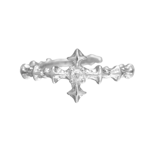 S925 sterling silver four-pointed star cross ring with zircon and hammered metal texture